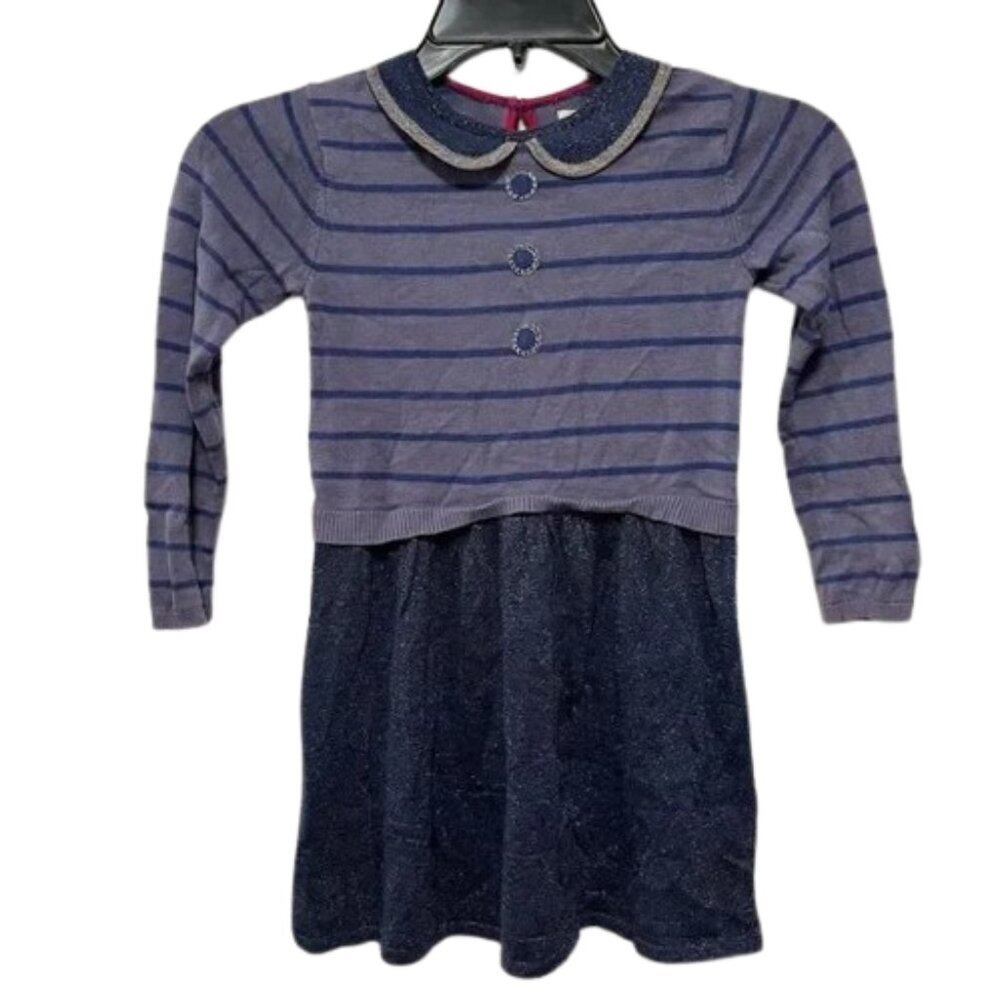 Mini Boden Girls Purple Striped Shimmer Knit Dress Peter Pan Collar 4-5Y